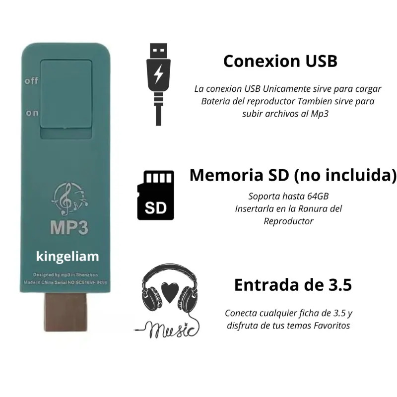 Reproductor Mp3 kingeliam C/ Correa Sin Memoria Negro Celeste Rosa